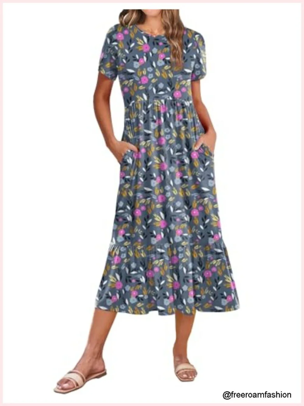 Women's Short Sleeve A-Line Midi Dress with Pockets Tiered Flowy Beach Sundress